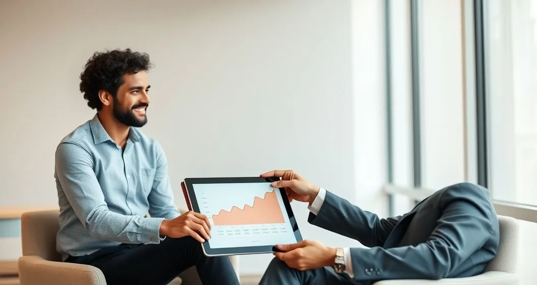 Advisor and founder compare a fluctuating revenue graph and a flat payment chart on a tablet in a modern conference room