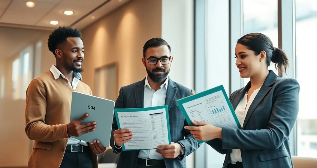 Diverse small business owner and loan officer in a modern conference room compare two folders labeled 504 and 7a while viewing loan charts on a tablet.