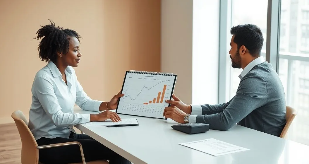 Tax advisor and freelancer review a tablet with a fluctuating income chart alongside a calendar and calculator at a minimalist conference table in a modern office.