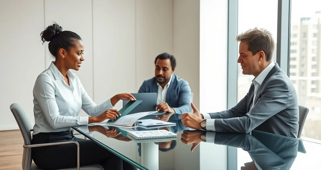 Tax advisor and diverse couple at a conference table reviewing symbolic icons on a tablet representing different tax filing statuses