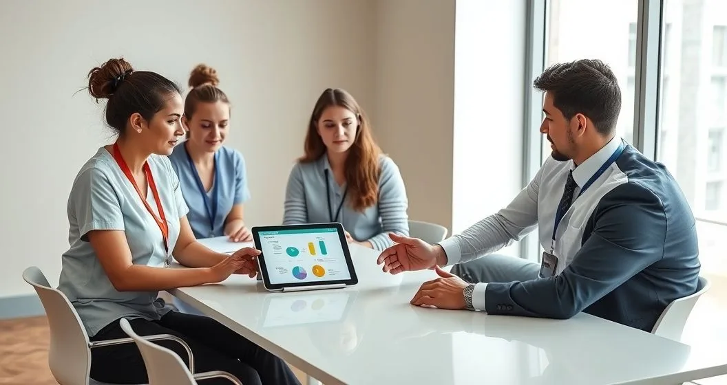Financial advisor and three diverse early career professionals reviewing a tablet with a flowchart of repayment options at a clean conference table