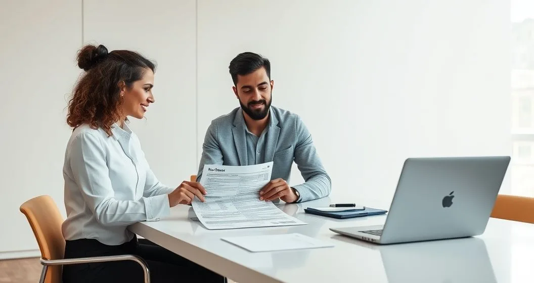 Tax advisor and clients reviewing an amended tax return and supporting schedules at a tidy conference table