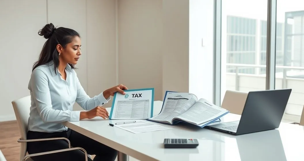 Tax advisor and client reviewing a state tax credit form and two state tax folders at a clean conference table
