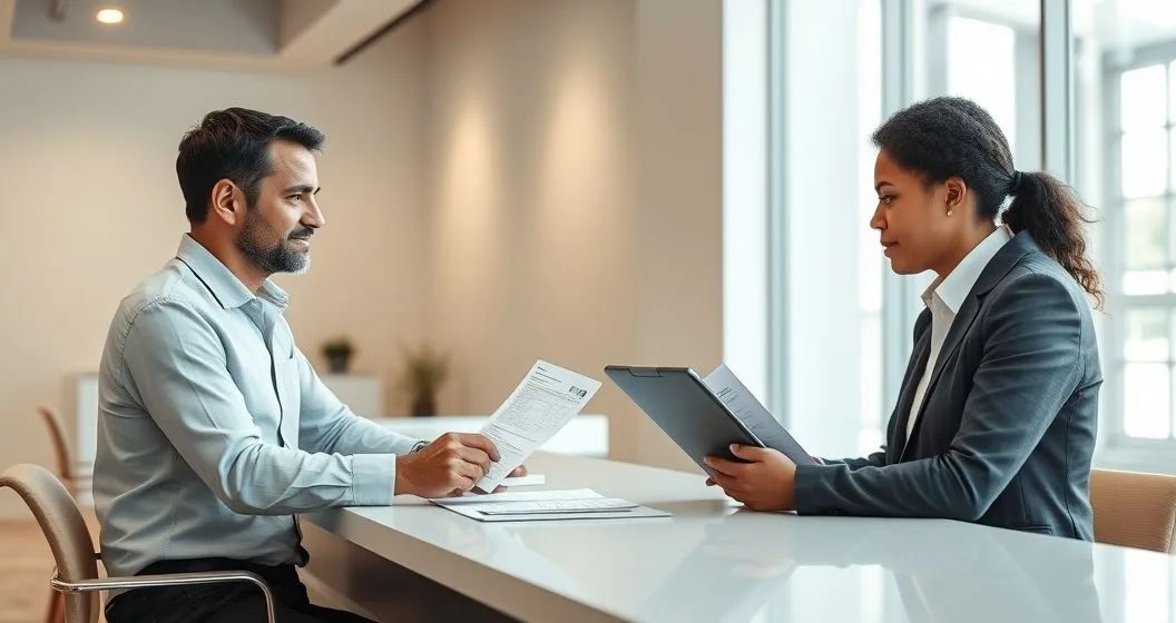 Taxpayer handing documents to a state revenue agent at a clean government office desk while the agent points to a checklist on a tablet