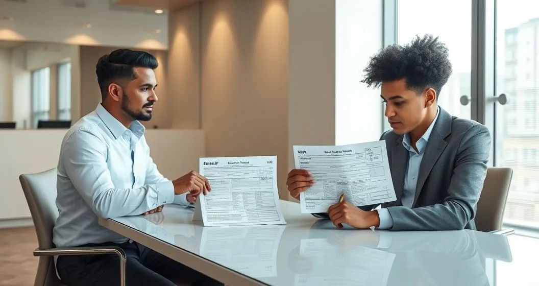 Tax professional and client reviewing an amended Form 1040X and a photocopy of a corrected Social Security card at a conference table