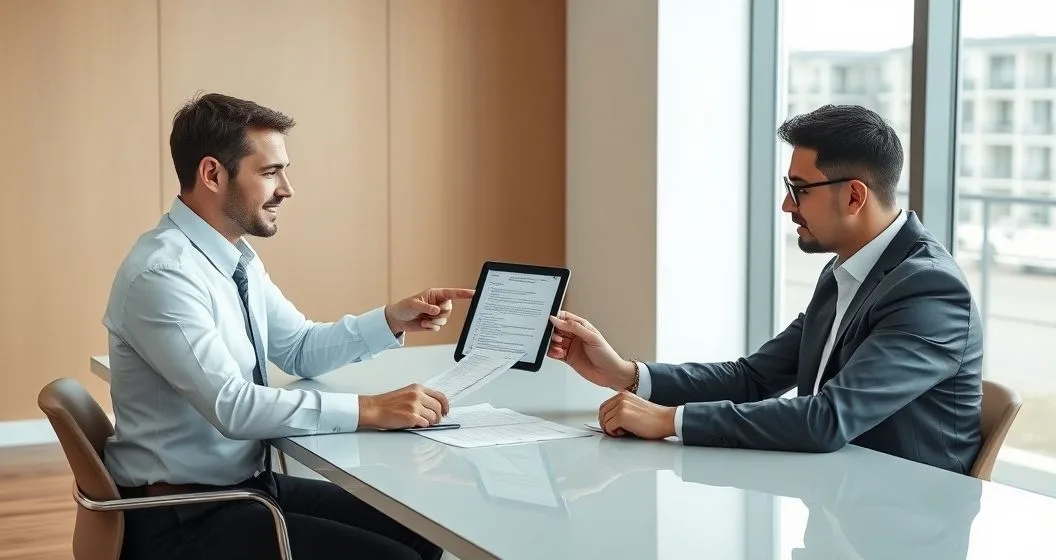Tax attorney and homeowner reviewing a title report on a tablet while signing a release to restore clear title