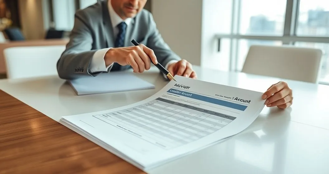 Two professionals at a conference table examining a commercial credit report as the advisor points to a faded closed account entry with a translucent timeline of fading markers behind the document