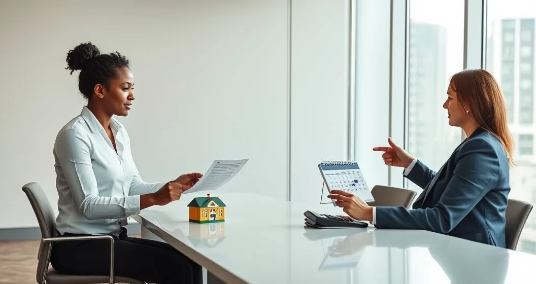 Borrower with two financial counselors in a modern office, left side shows a discharge document and a closed school model, right side shows a calendar and calculator indicating temporary payment relief