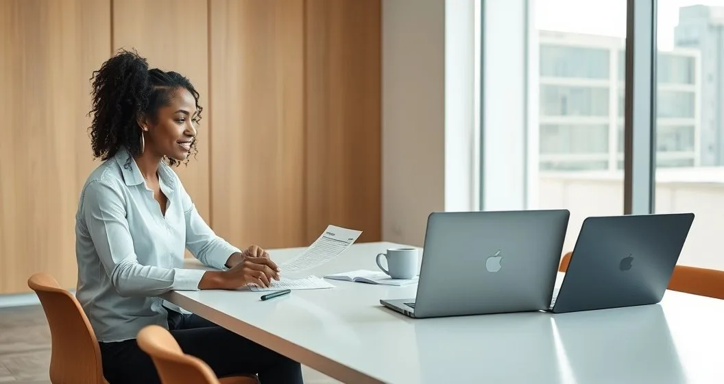 Borrower and loan servicer review enrollment records and a closure notice at a conference table in a modern office