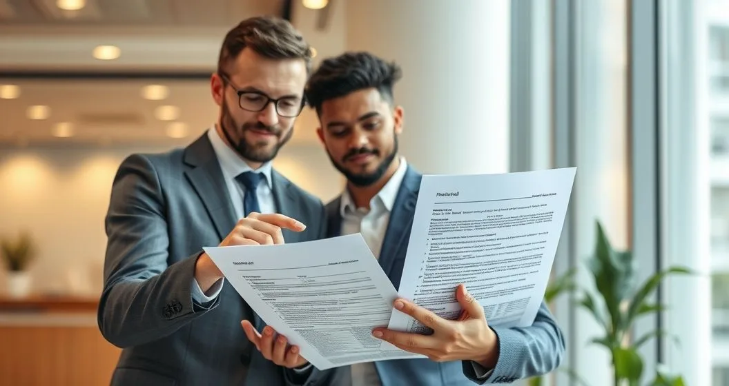 A financial aid advisor and a borrower examine transcripts and a closure notice at a clean office table preparing documentation for a loan discharge