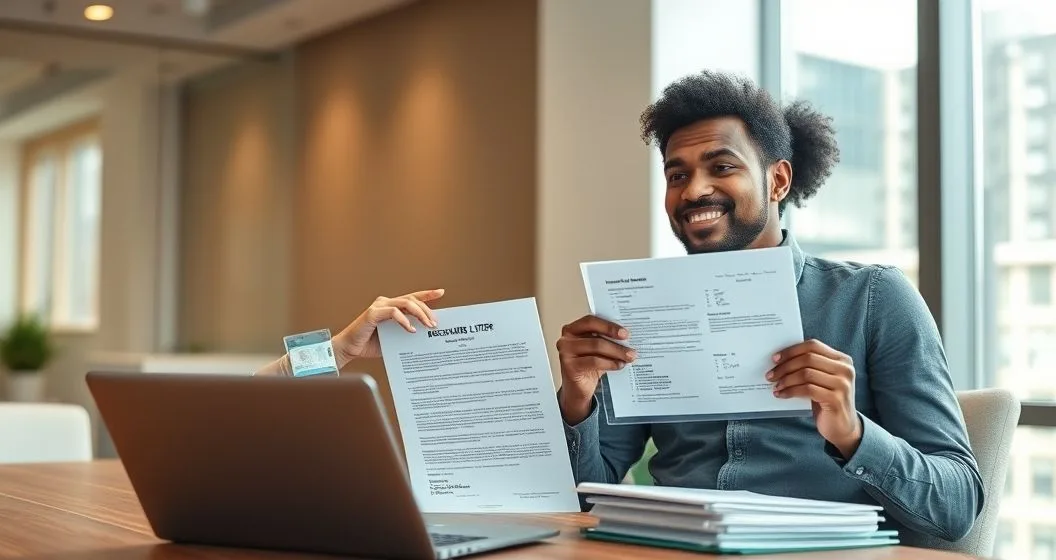 Financial aid counselor points to a discharge letter and enrollment records while a relieved borrower holds a student ID at a modern office table