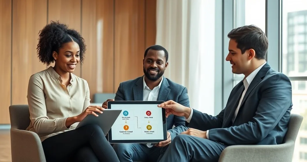 Three professionals at a modern conference table. A counselor points to a tablet displaying a split flowchart with icons for school closure and legal defense. The scene is uncluttered and hopeful.