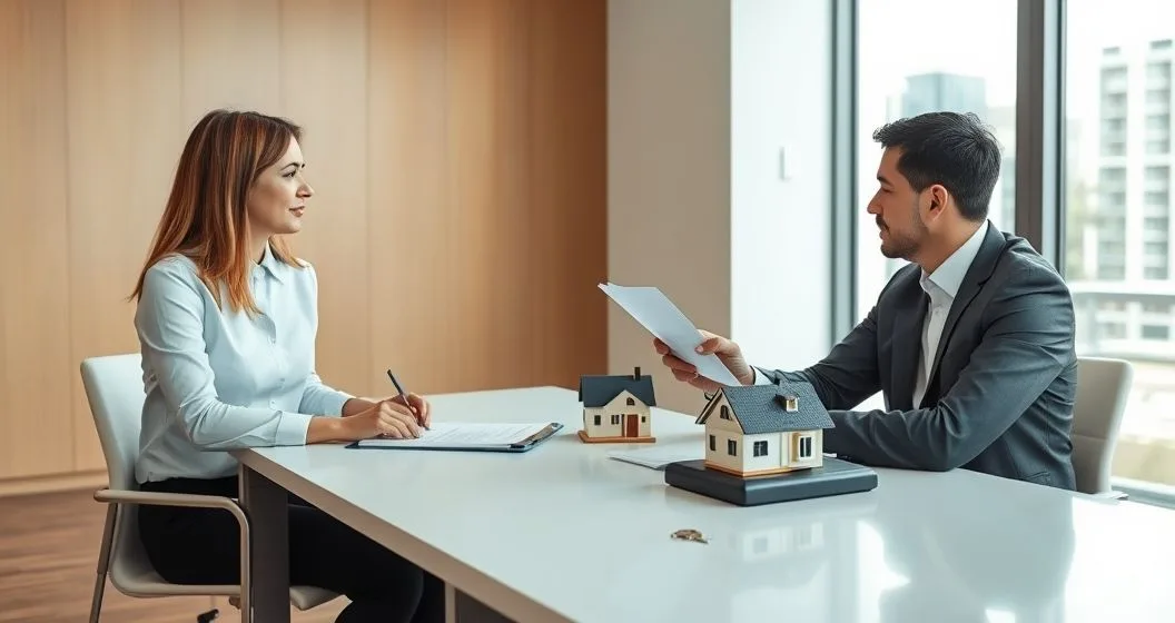 Attorney and escrow officer exchanging a check and reviewing title documents at a closing table with a small house model and keys
