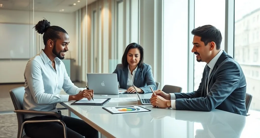 Two lender representatives and a borrower signing a shared loan agreement at a conference table while a tablet shows each lender contribution