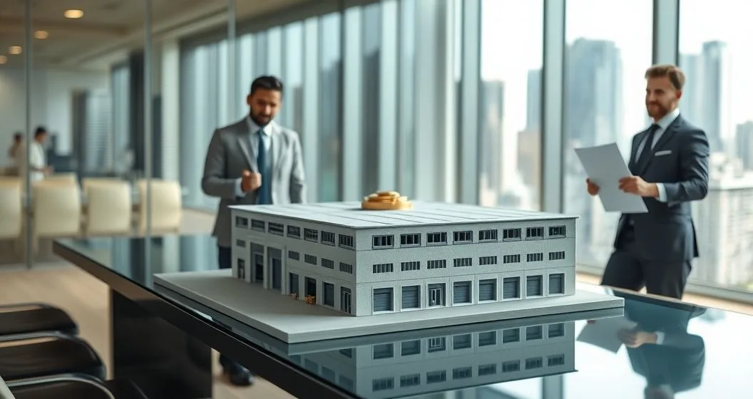 Two finance professionals in a glass conference room with a warehouse model one placing a priority marker while the other stands back holding a contract to show senior and subordinated claims