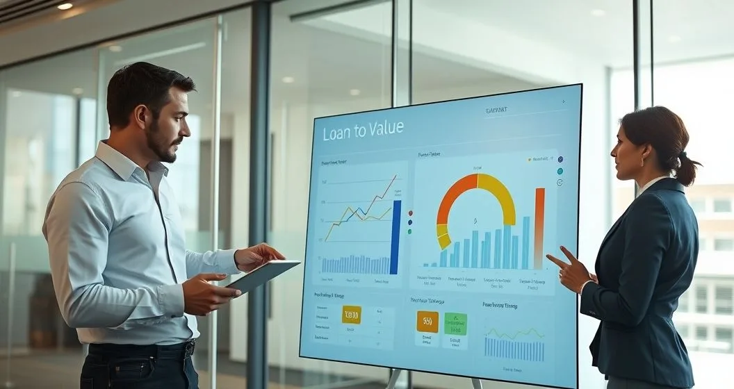 Loan officer adjusts interest rate on a tablet while pointing at a digital dashboard showing an asset valuation and loan to value gauge as a borrower and analyst watch in a modern meeting room.