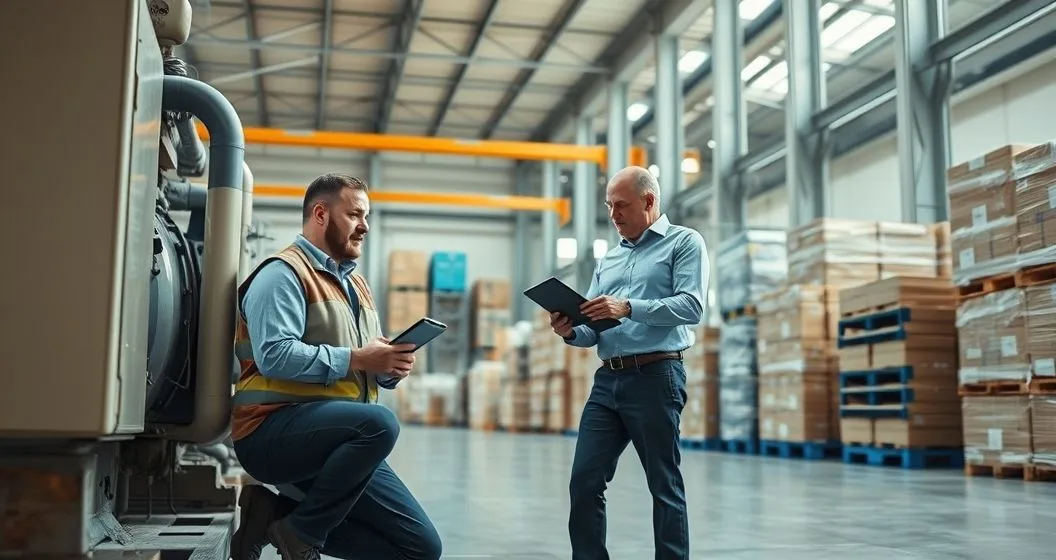 Appraiser and lender assessing equipment and boxed inventory in a modern warehouse for loan collateral valuation