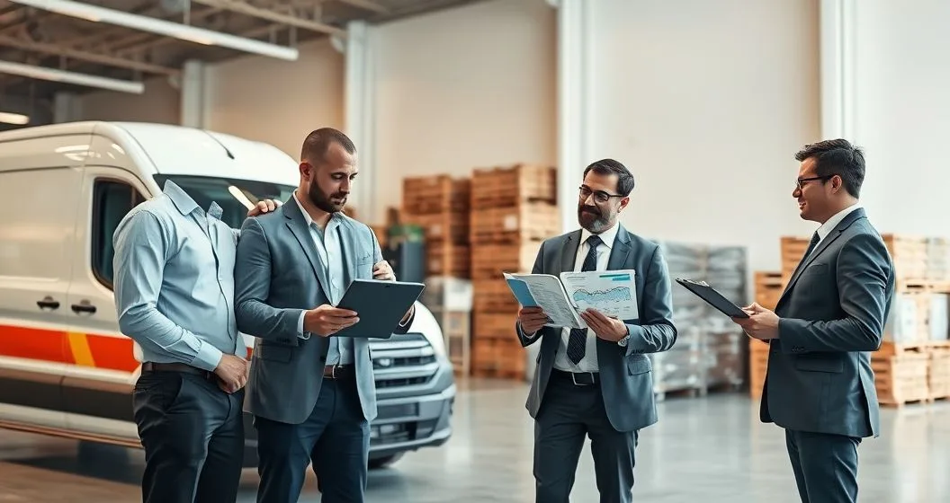 Financial professionals appraising a van machine and inventory in a corporate warehouse using tablet charts