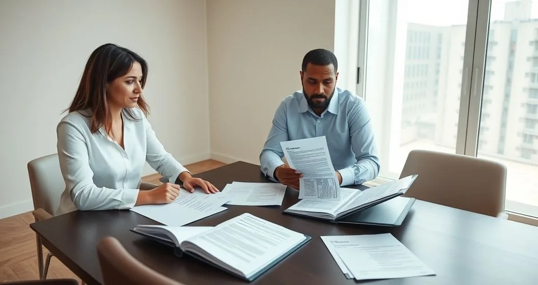 Tax attorney and taxpayer reviewing an open folder of identity papers financial statements and blurred IRS correspondence in a modern office