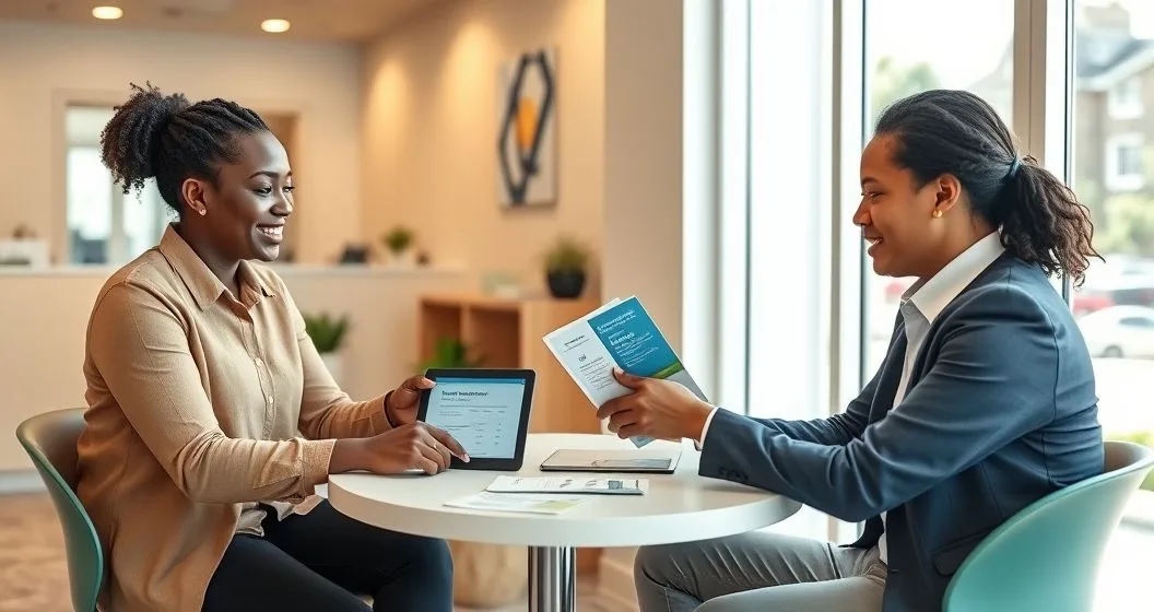 Credit union counselor explaining affordable loan options to diverse clients in a community office