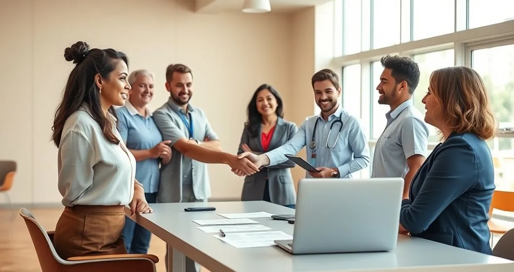 Teacher nurse and social worker in a community center conference room shaking hands with a loan counselor over documents.