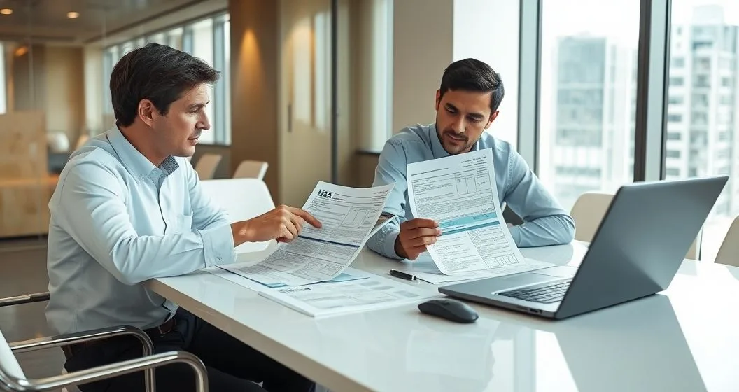 Tax professional and client compare printed IRS transcripts with personal tax documents at a modern conference table