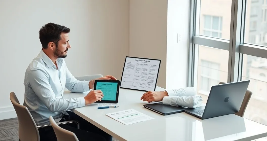 Small business owner and compliance consultant reviewing a risk assessment checklist on a tablet and printed worksheet at a conference table