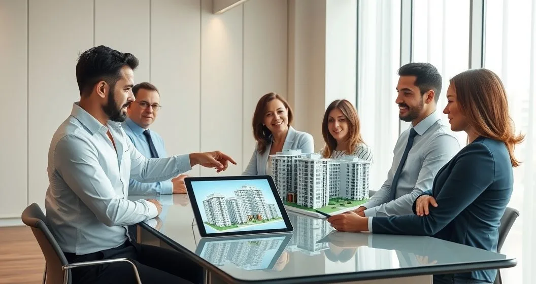Mortgage specialist and condo board reviewing a tablet showing a 3D condo model with many highlighted units indicating investor ownership.