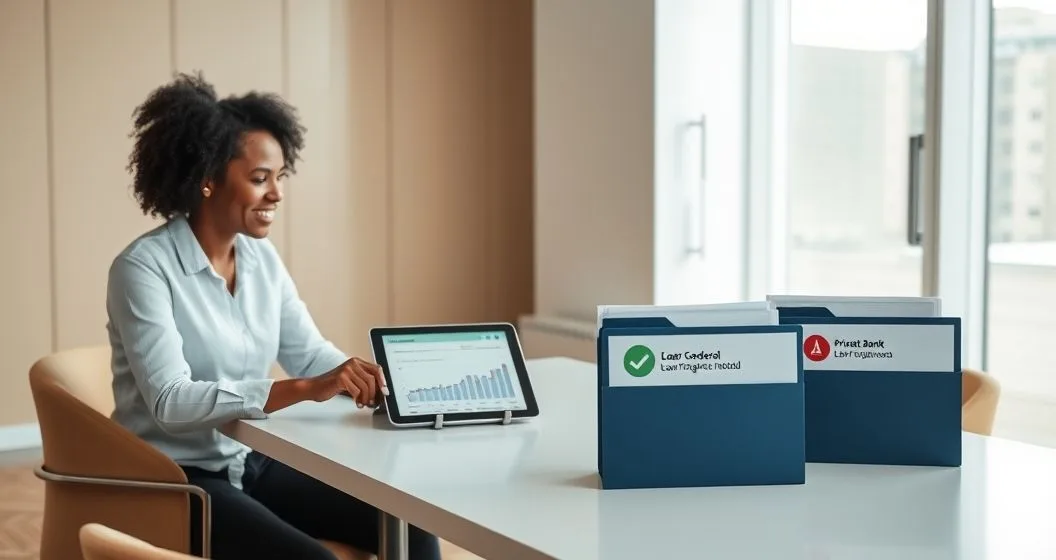 Borrower and counselor reviewing tablet timeline near loan forgiveness with two folders one showing federal protection icon and the other a private bank warning