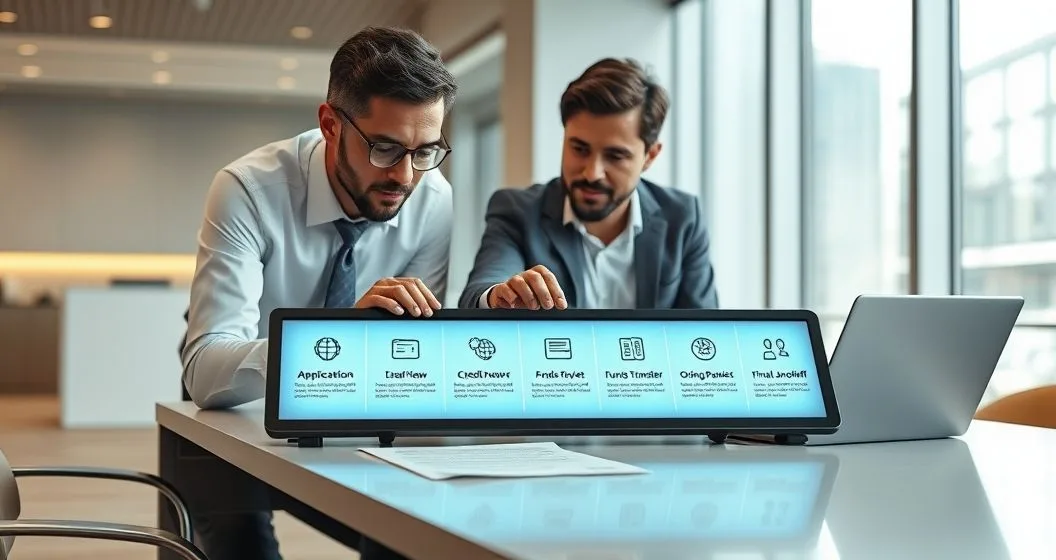 Loan officer and borrower reviewing a tablet with a six stage icon timeline for a consumer loan in a modern bank office