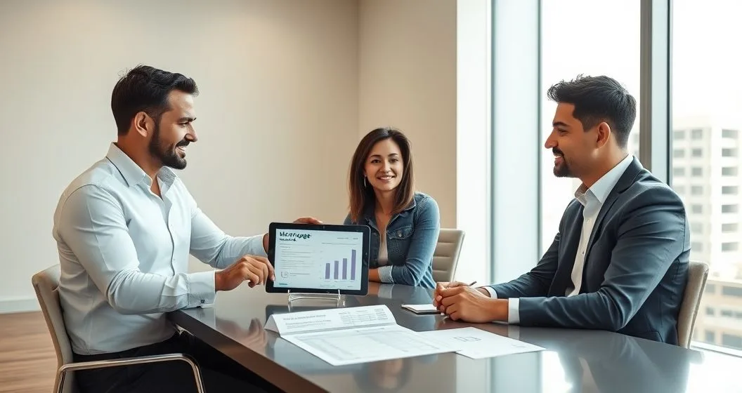Mortgage loan officer explains refinancing with a couple using a tablet showing rate comparison and a printed closing cost sheet on a clean desk