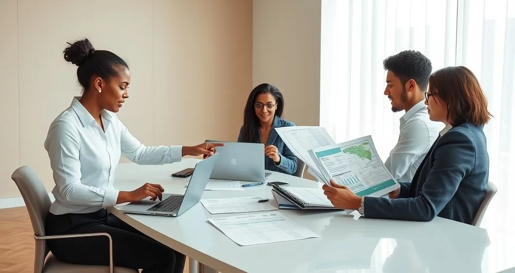 Three diverse tax professionals at a modern conference table comparing amended federal and state return spreadsheets and a printed state map