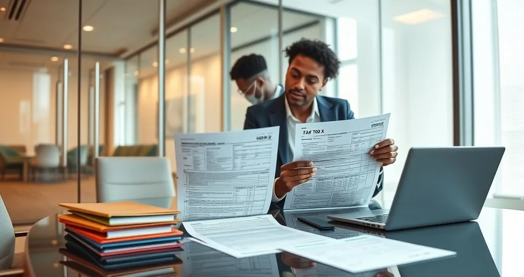 Two tax professionals at a glass table comparing a printed federal amended return and state tax forms with a laptop and color coded folders