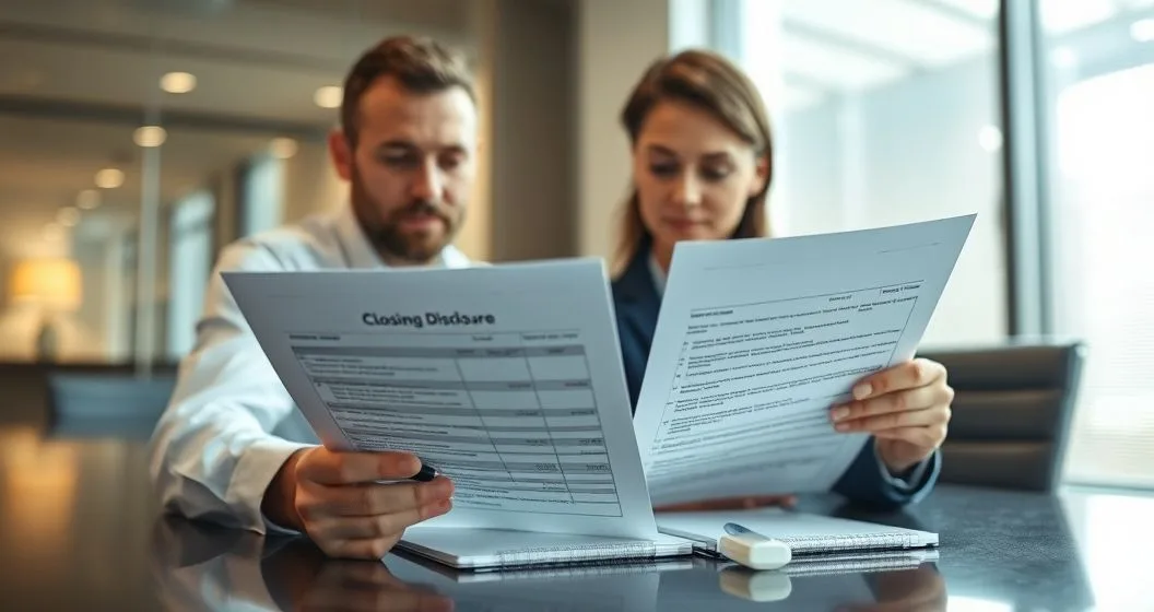 Borrower and loan officer at a conference table comparing a Closing Disclosure and Loan Estimate and pointing to discrepancies on the documents.