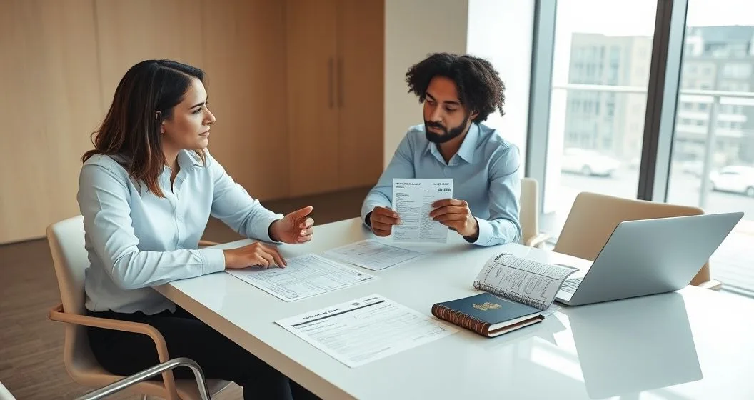 Tax advisor and client reviewing amended tax forms 1040-X and 2555 with passport stamps and currency notes on a clean conference table
