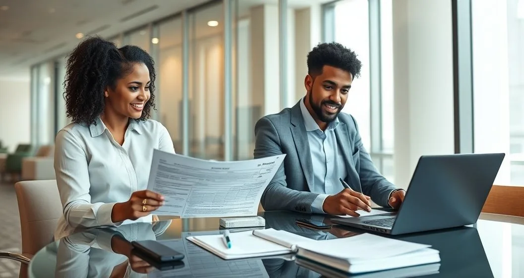 Two payroll professionals review a printed Form 941-X and enter a corrected EFTPS payment on a laptop while annotating reconciliation documents in a modern office.