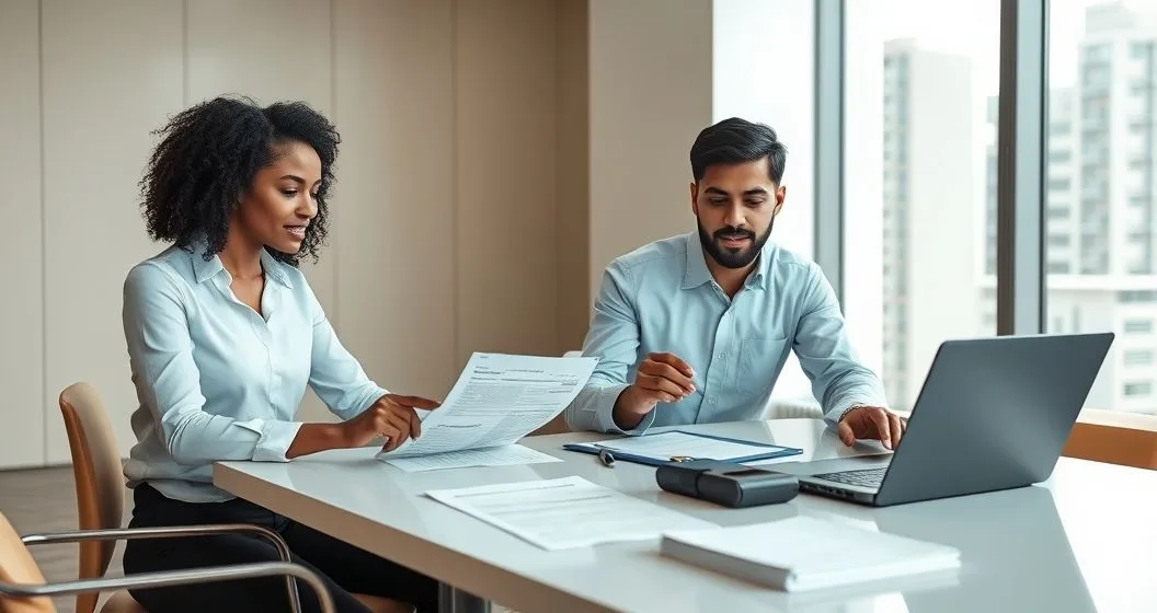 Payroll manager and tax advisor reviewing amended payroll forms at a conference table as one points to a highlighted line and the other updates a laptop