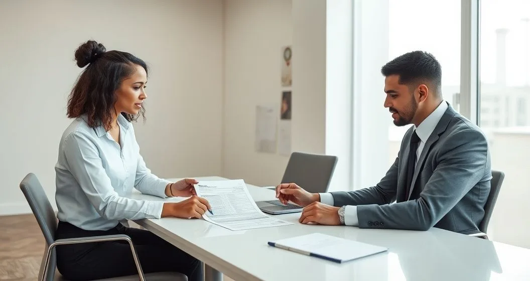 Tax advisor and taxpayer reviewing a printed Form 1040-X at a modern office table with the advisor pointing to a line as the taxpayer prepares to sign