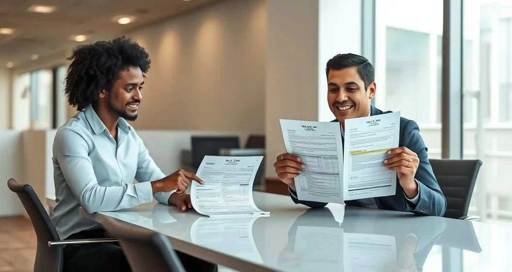 Employee and payroll specialist reviewing a W-2 and a W-2c at a clean conference table in a modern office