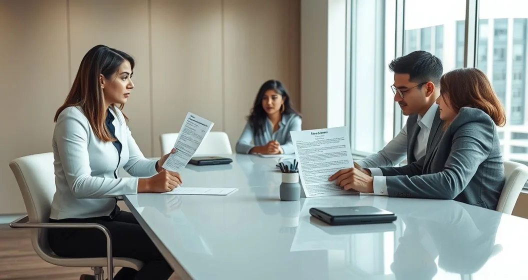 Borrower signing a modified loan at a conference table as lender holds an unsigned cosigner release and a concerned cosigner looks on.
