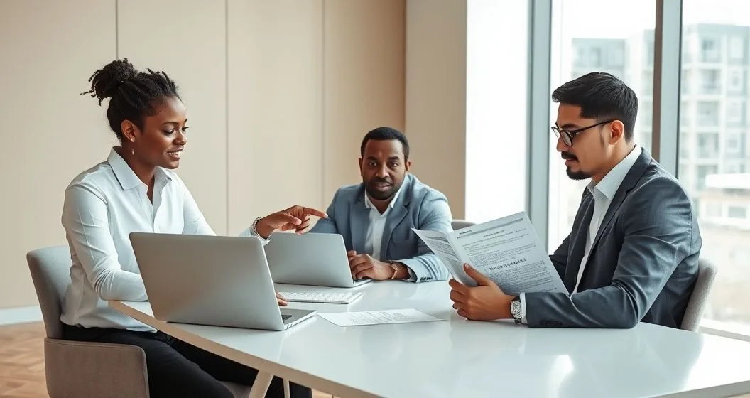 Loan officer explains release clause and cosigner options to a borrower and cosigner at a conference table