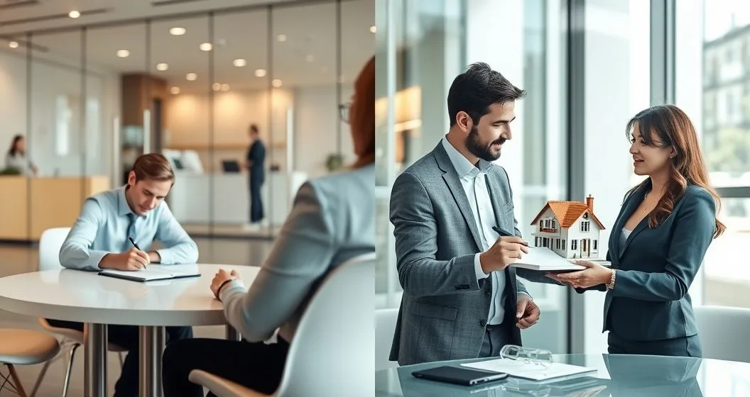 Split image of two loan meetings. Left a cosigner signs while the borrower receives a key from a loan officer. Right a co borrower and borrower sign together and hold a small house model and keys.