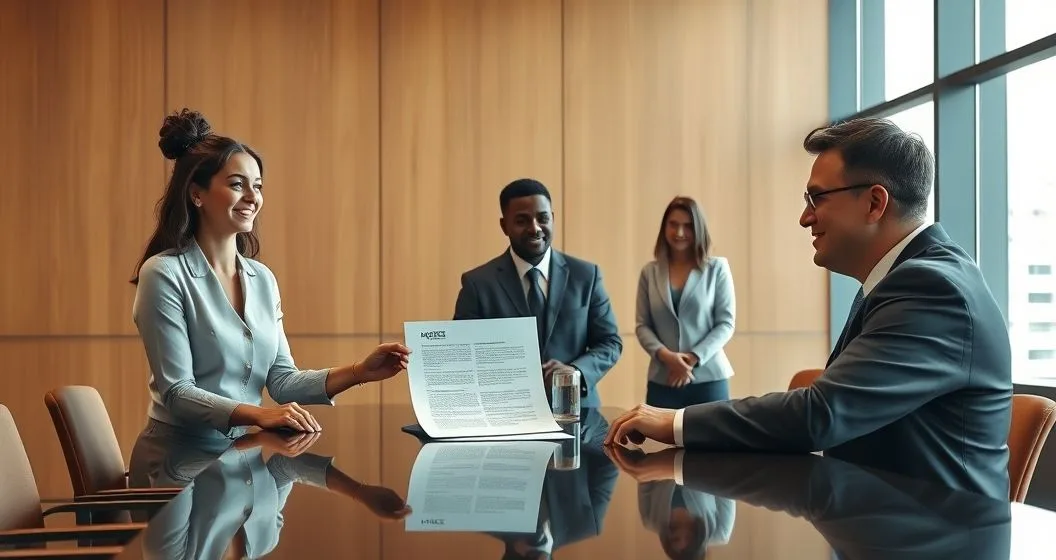 Student borrower receives a formal court order from a judge while an attorney and legal team observe in a courthouse meeting room
