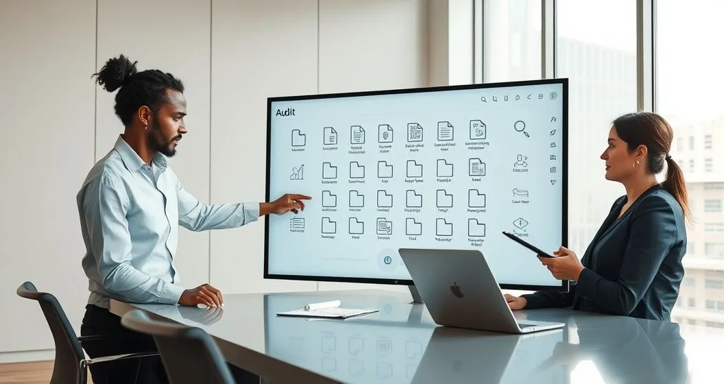 Two professionals organizing a digital audit file on a large touchscreen in a modern conference room