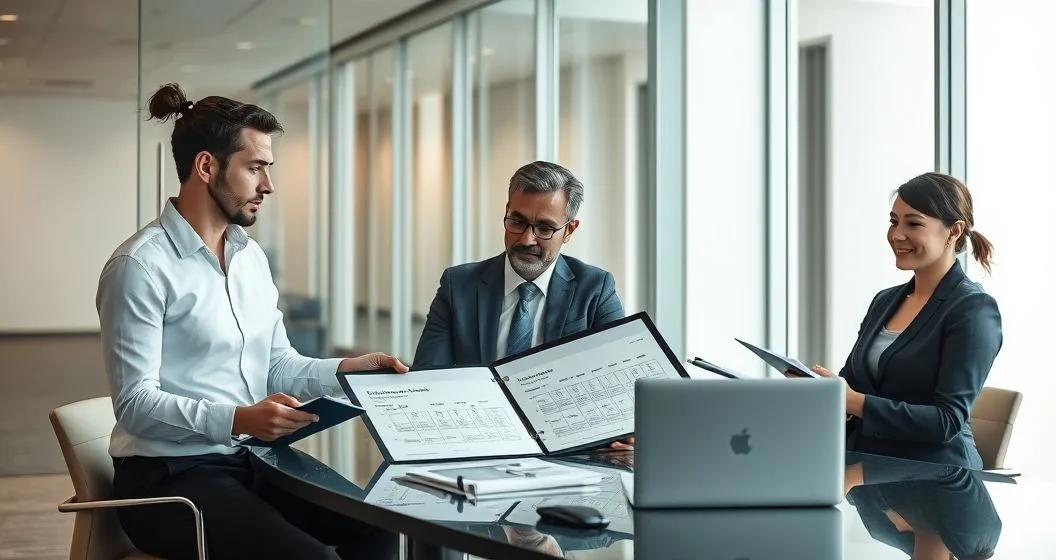 Tax advisor and team reviewing a printed chronology binder at a conference table with folders and laptop