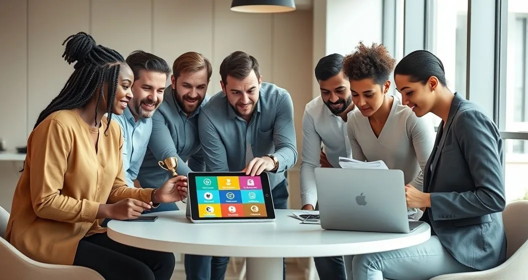 Diverse microbusiness owners and an advisor review a tablet showing icons for crowdfunding microloans peer to peer lending grants and prize competitions in a modern co working space
