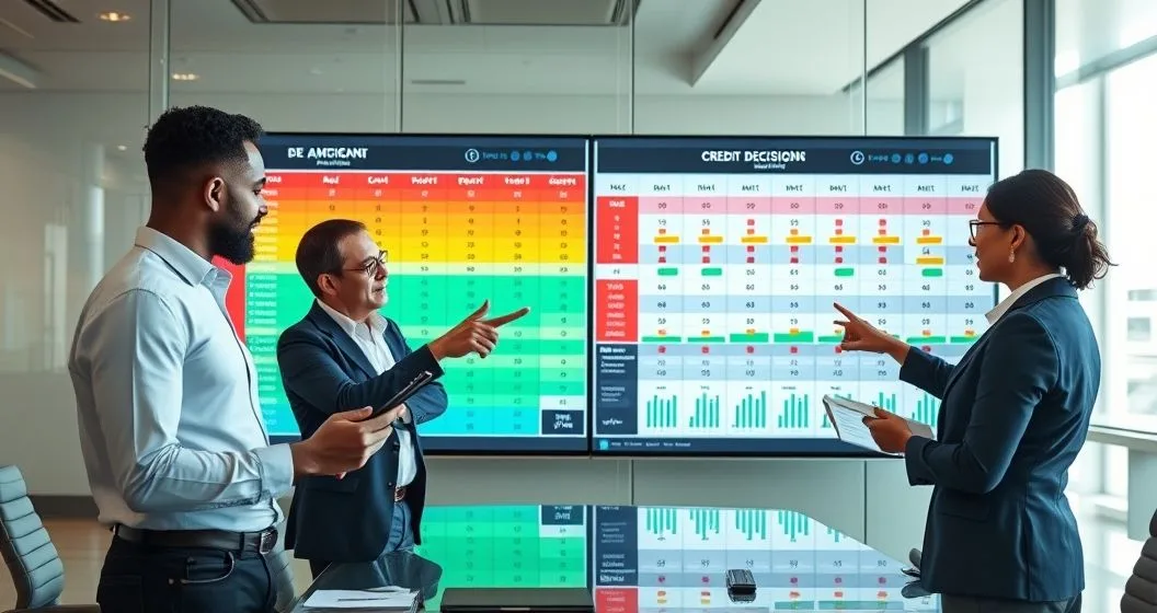 Three professionals review a large grid style credit decision matrix with colored score cells and weighted bars on a monitor