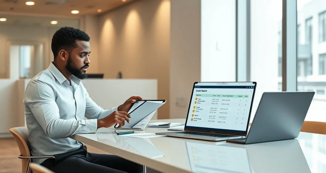 Small business owner and loan officer reviewing a digital credit report with hard inquiry markers highlighted and soft inquiries muted