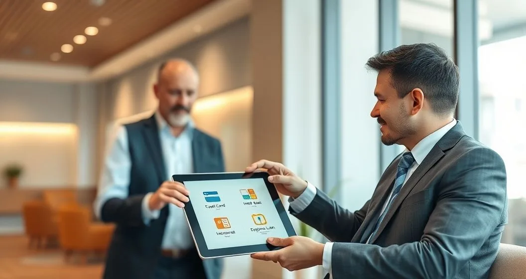 Loan officer and small business owner reviewing a tablet showing icons for revolving and installment credit in a modern meeting room