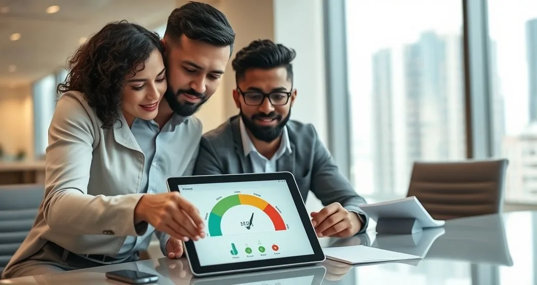 Loan officer shows borrower a tablet with a credit score gauge dipping slightly during a hardship discussion in a modern bank office